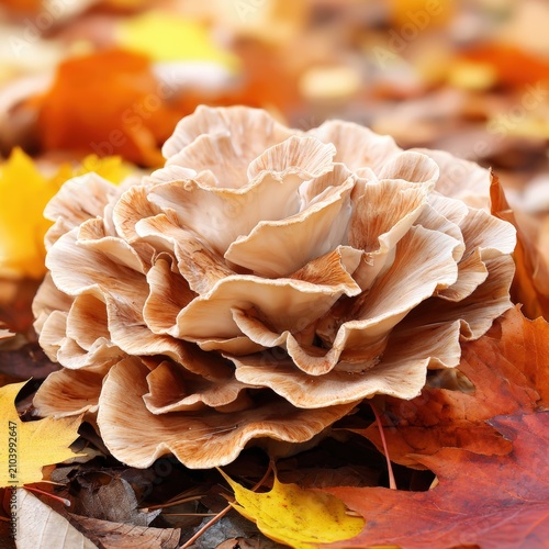 Sophisticated flower with intricate layers surrounded by vibrant autumn leaves, creating a stunning natural display of colors and textures perfect for showcasing on a pedestal