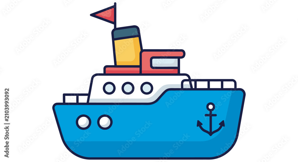 Fototapeta premium Cartoon Tugboat Illustration With Yellow Funnel And Blue Hull Line Art Style