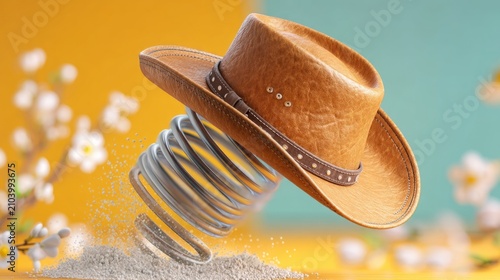 Rustic brown leather hat balanced on silver metal spring in soft focus setting