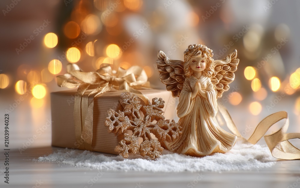 Obraz premium Elegant angel figurine with gift box and golden snowflake decoration on white surface