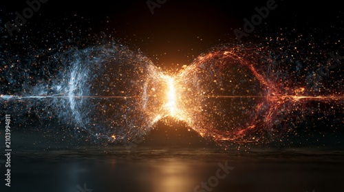 Conceptual illustration of an atom splitting and releasing energy, visualizing nuclear fission with glowing particles on a dark background