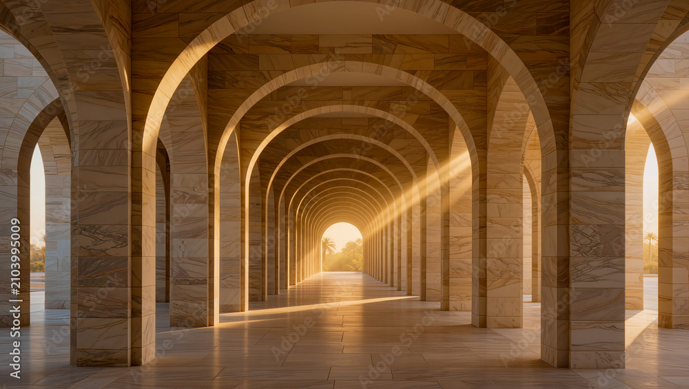 Fototapeta premium Luxury Marble Arcade Corridor With Golden Sunlight Background