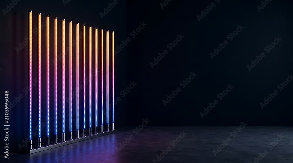 Naklejka premium Vertical led light tubes glowing with colorful gradients in dark room
