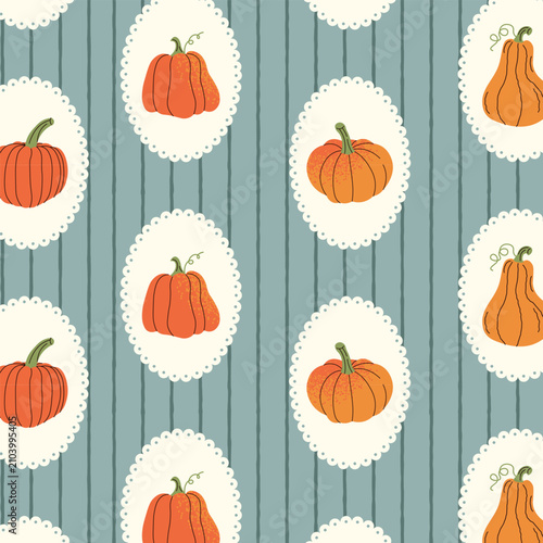 Autumn Seamless Pattern Wallpaper Circle Frames with Cute Coquette Pumpkins and Blue Stripes