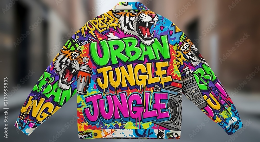 Fototapeta premium Colorful urban jungle street art mural with text.