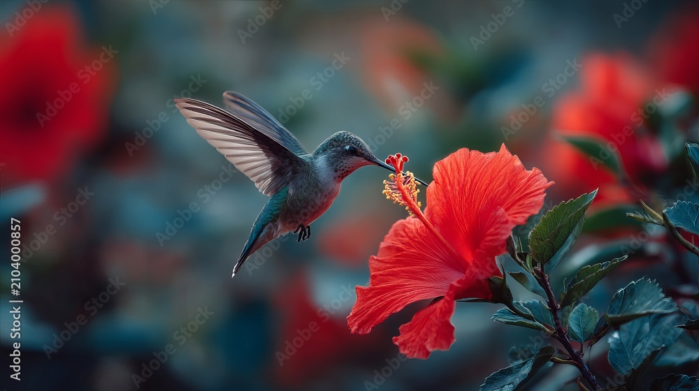 Fototapeta premium A vibrant hummingbird gracefully hovers, delicately sipping nectar from a brilliant red hibiscus flower in a lush garden setting