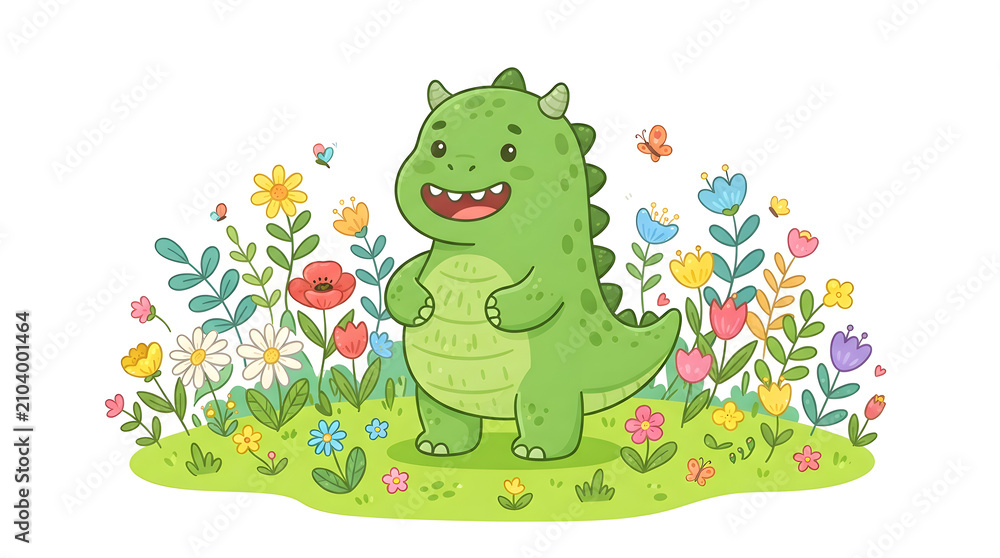 Obraz premium Cute green cartoon dinosaur smiling in a field of flowers and butterflies, whimsical illustration for kids