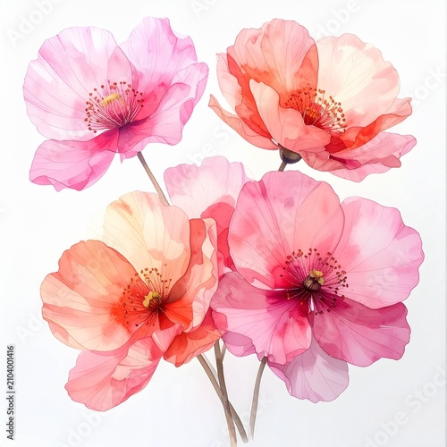 Watercolor Pink Poppy Flowers Bouquet