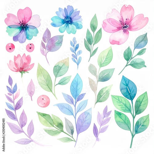 Vibrant Watercolor Flowers and Leaves Arrangement in Soft Pastel Colors