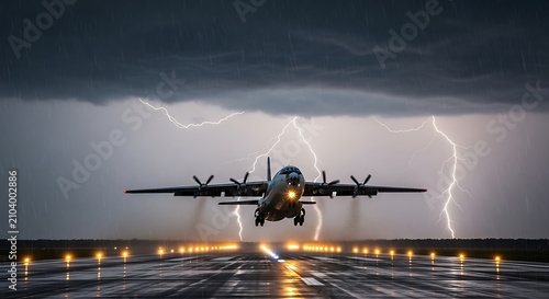 Military helicopter landing on naval vessel deck at night.