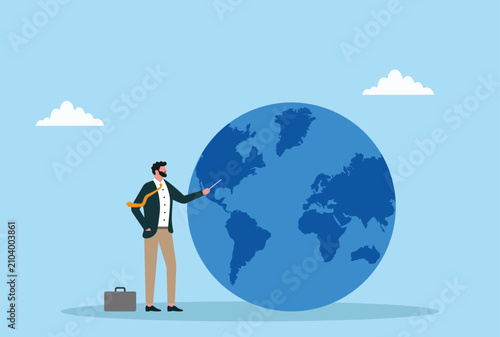 Businessman presenting world map global business strategy international market expansion travel geography education flat vector illustration