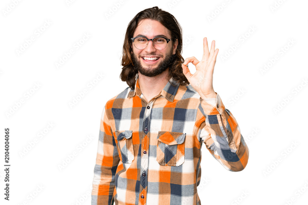 Naklejka premium Young handsome man over isolated chroma key background showing ok sign with fingers