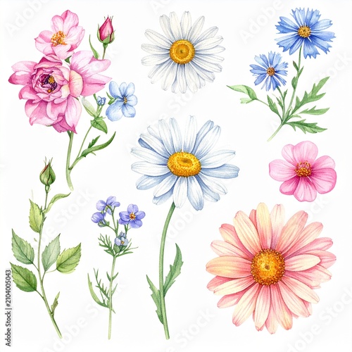 Colorful Floral Watercolor Bouquet with Daisies and Pink Peonies