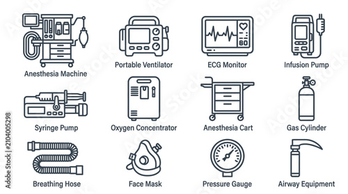 Hospital intensive care and anesthesia equipment icon set in a clean outline vector style for medical facility branding