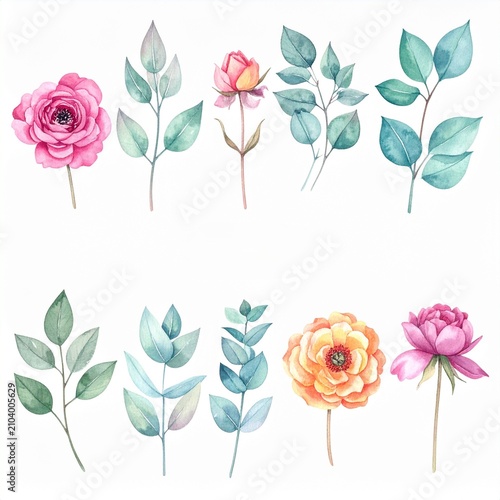 Colorful Watercolor Flowers Set with Pink Rose Peony and Orange Blossom