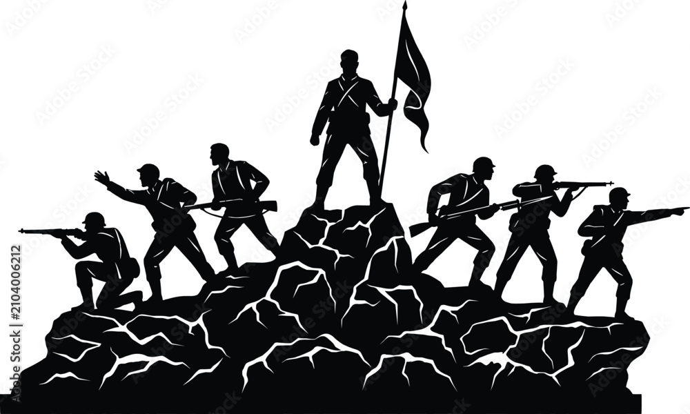 Obraz premium Black and white silhouette illustration of a group of soldiers standing heroically on a mountain peak
