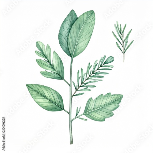 Green Leaf Branches Watercolor Botanical Illustration