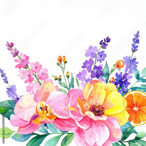 Vibrant Watercolor Floral Bouquet with Pink Yellow Peonies Orange Slice