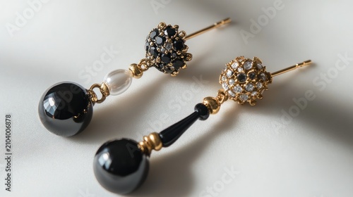 Black pearl dangle earrings closeup