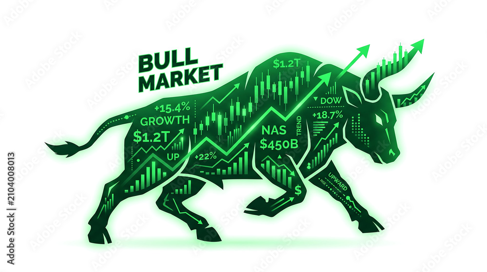 Fototapeta premium Bull market finance concept charging bull silhouette with green stock charts vector illustration