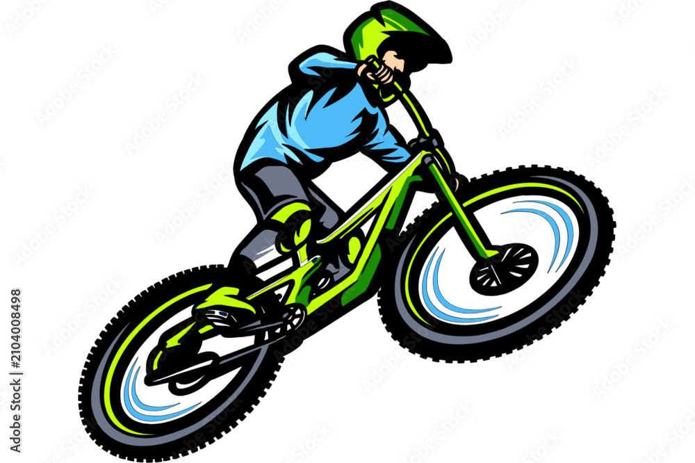 Obraz premium Mountain biker performing an aerial jump on a dirt trail. Extreme sports athlete riding a BMX bike off-road with full protective gear.