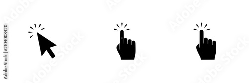 Pointers and Fingers Pointing Upwards with a Click Effect Featuring Pointer, Finger, Computer with Mouse and Icon Elements