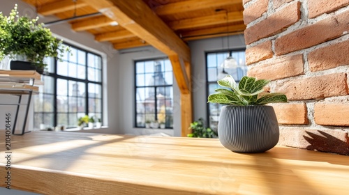 Modern interior space with wooden table and small green plant in pot