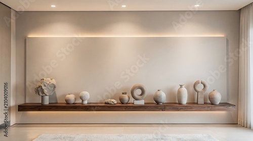 Modern Living Room Shelf with Decorative Objects and Ambient Lighting.