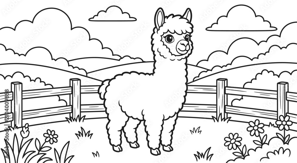 Fototapeta premium Cute llama standing in grassy meadow inside farm fence with fluffy clouds in background coloring page illustration for children kids creative activity.