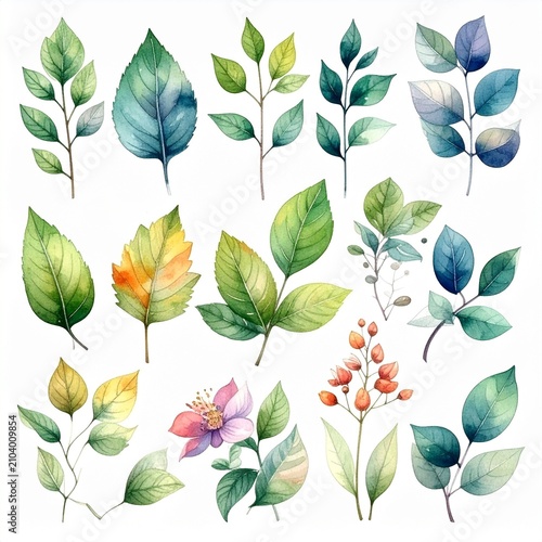 Colorful Watercolor Leaves and Flower Elements Set Fresh Nature