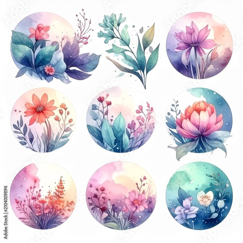Vibrant Watercolor Floral Circles Parade with Soft Pastel Hues
