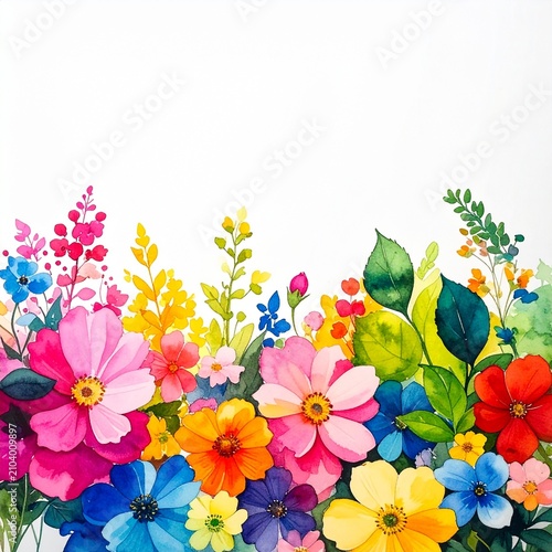 Colorful Floral Border with Bright Wildflowers and Green Leaves
