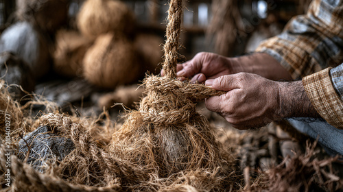 AI generator images of Asian artisan twisting coconut fibers into strong handmade rope, rustic village workshop, traditional craftsmanship Rope-making from natural fibers: Local wisdom