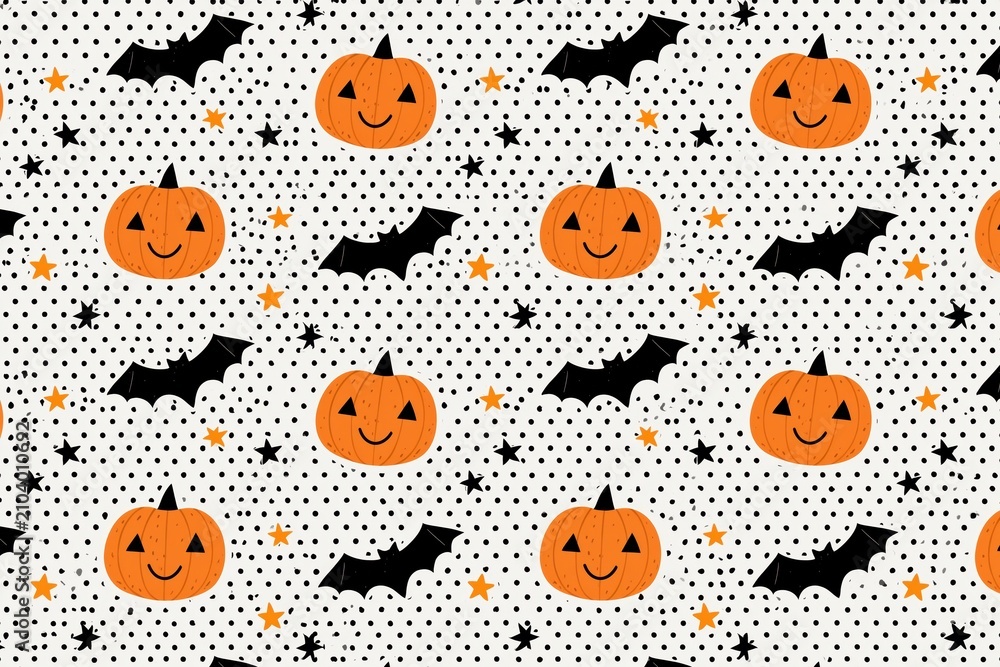Obraz premium Cute Halloween Seamless Pattern with Cartoon Pumpkins Bats and Stars Background
