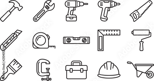 Carpentry and home renovation hand tools vector icons set with thin outline hardware construction equipment linear design elements