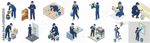 Set of Isometric Professional Cleaner Character Doing Various Housekeeping and Janitorial Tasks