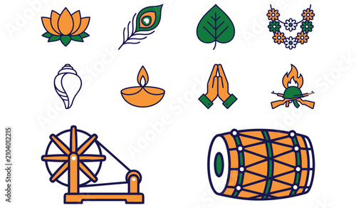 Konstfotografi Indian Cultural Icons with Lotus Peacock Leaf Diya Prayer Wheel and Traditional