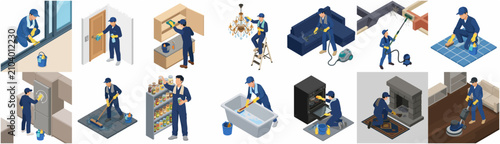 Professional House Cleaning Service Isometric Illustration Set of Janitors Performing Maintenance Chores