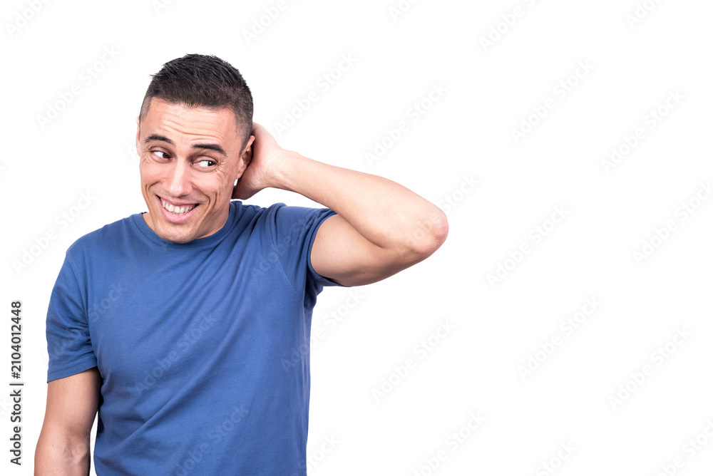 Fototapeta premium Shy man disguising himself with the hand on the neck