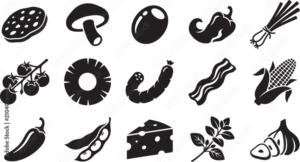 Obraz premium Fresh pizza ingredients and Italian food toppings vector icons set with mushroom cheese pepperoni tomato and garlic black silhouettes
