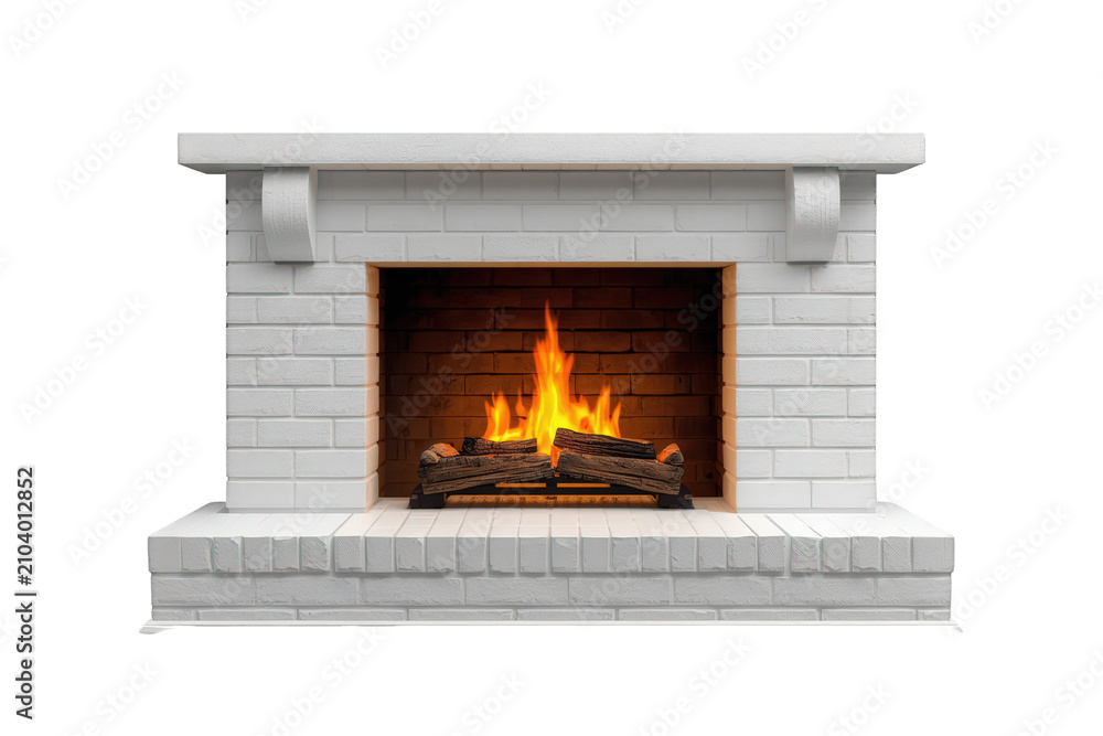 Obraz premium White brick fireplace with burning logs creating warmth and a cozy atmosphere on a transparent background