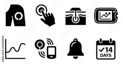 Photos Set of black medical glucose monitoring icons for diabetes management and health tracking digital system Minimal solid fill icon set bundle collection