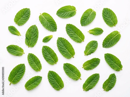 Fresh Organic Green Mint Leaves Isolated on a Plain White Background Top View Arrangement