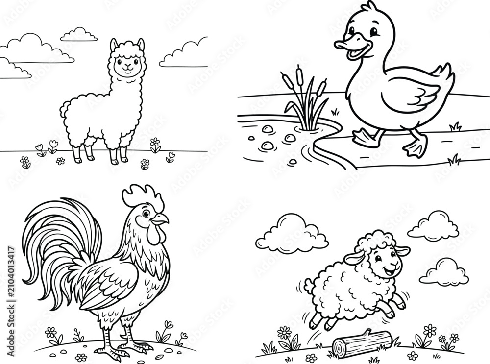 Obraz premium Cute Domestic Farm Animals Coloring Book Page Set For Toddlers Vector Line Art Illustration