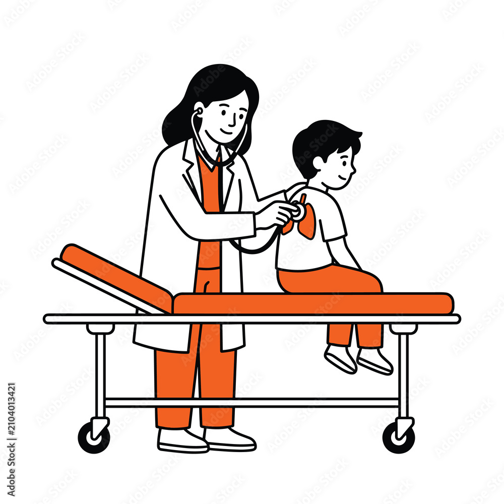 Fototapeta premium Female pediatrician checking lungs of young boy patient on medical examination gurney in clinic