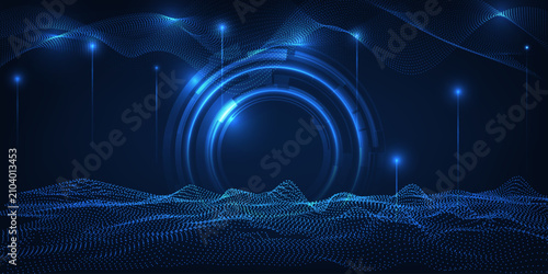 Vector illustrations of abstract digital high technology background with sci fi tunnel on virtual digital terrains.
