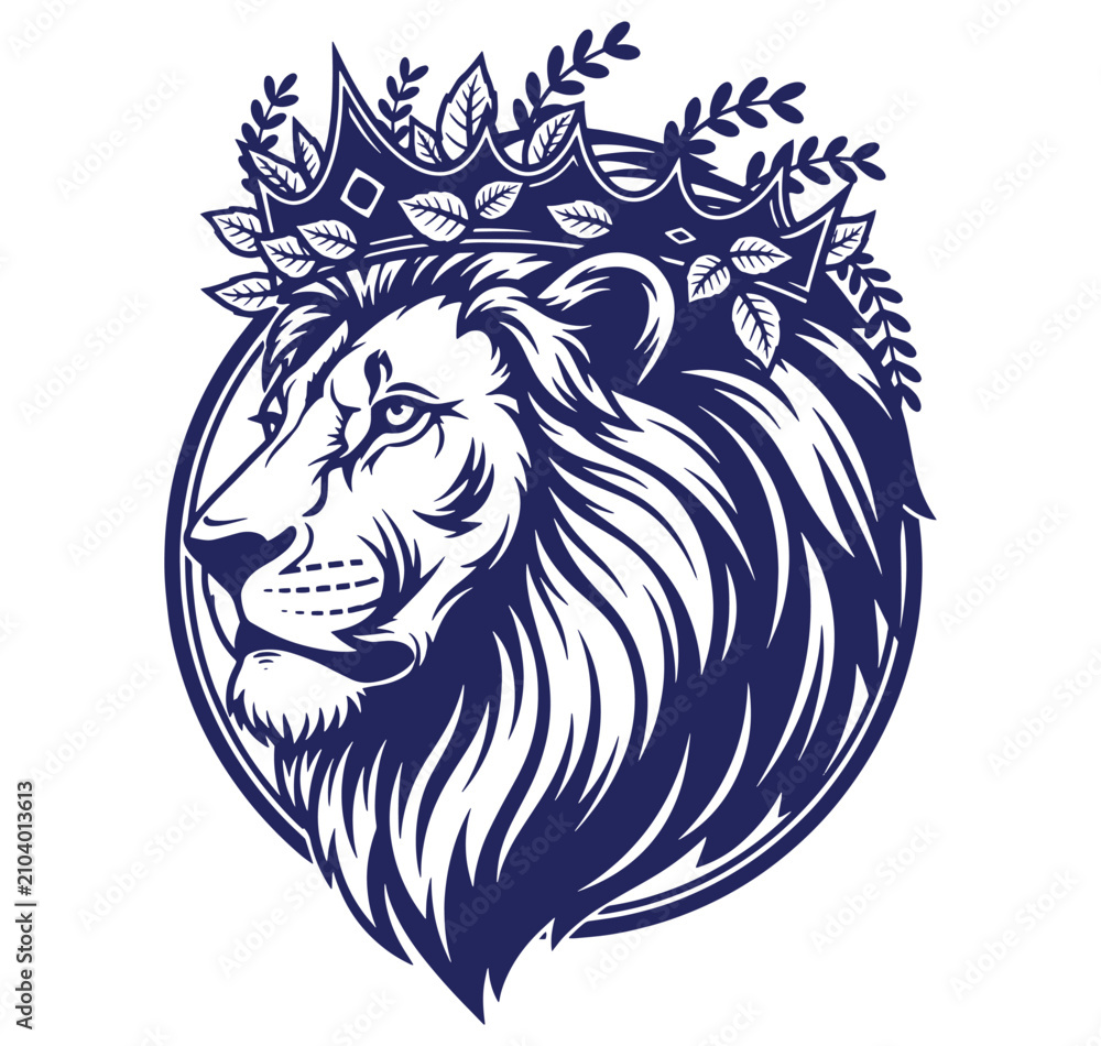 Obraz premium Lion head with crown and leaves on transparent background