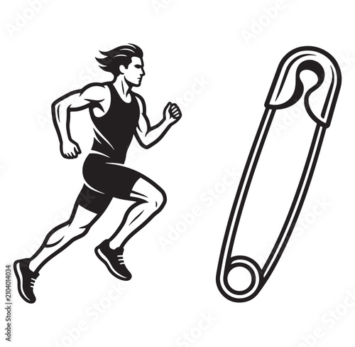 Man running next to large safety pin isolated on white background