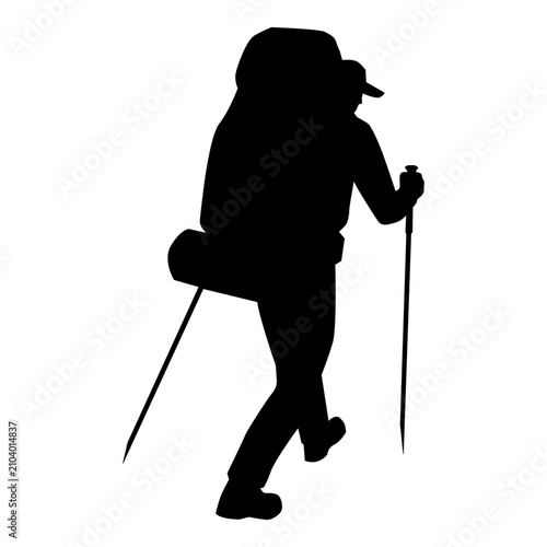Vector man is on a major backpacking trip, carrying a trekking pole.