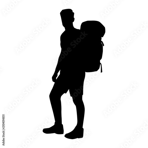 a silhouette of a male backpacker standing with tired legs.